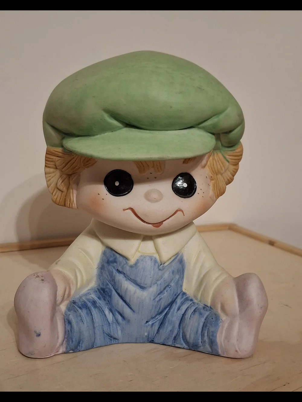 Vintage ceramic Interpur boy night light, green cap, blue overalls, works great